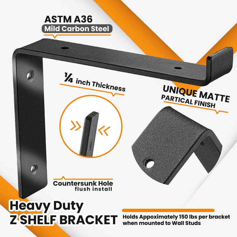 BATODA 8â€ Shelf Brackets with Lip (Match 7.25" Board) - 6 Pcs Z Shelf Bracket Black - Heavy Duty Hook Brackets for Shelves - Wall Mounted Support for DIY - Shelving Hardware Included (Pack 6) - Image 4